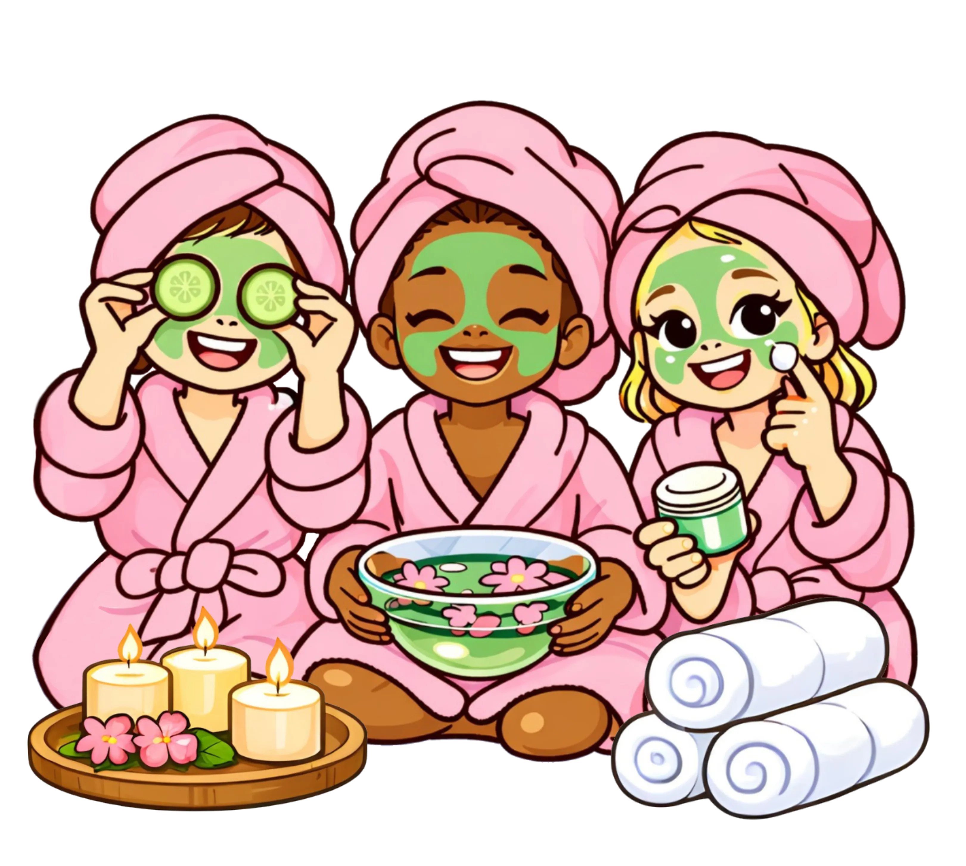 Meninas em dia de spa com robes rosa, máscaras faciais e acessórios